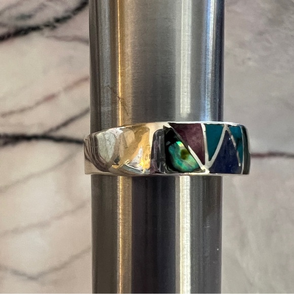 ❤️ Taxco 950 Sterling Silver Peruvian Inlaid Multi-Stone Band Ring Sz 8.5 Unisex - Picture 6 of 11